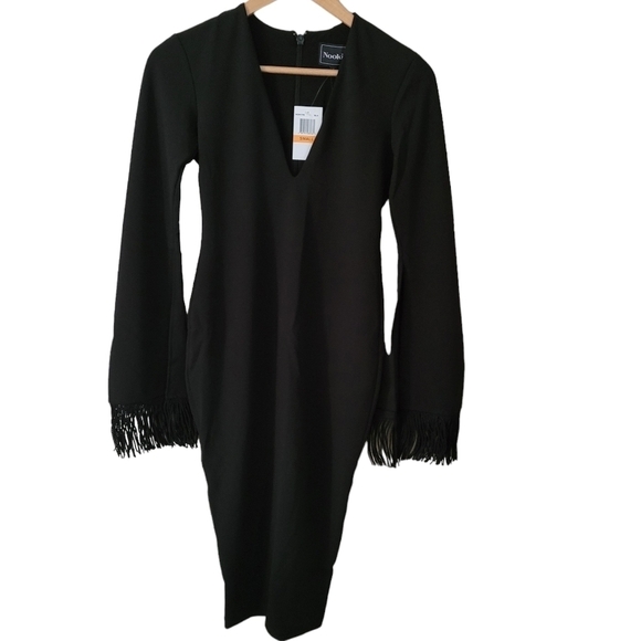 Nookie Iris Black Fringe Long Sleeve Midi Dress NWT Small - Picture 3 of 11